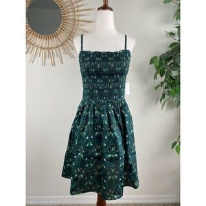 Womens M Smocked Dress Mini Bird Print Cottage Core 100% Cotton Green Pockets